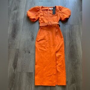 elliatt brynlee orange belted puff sleeve midi spring dress size small NEW